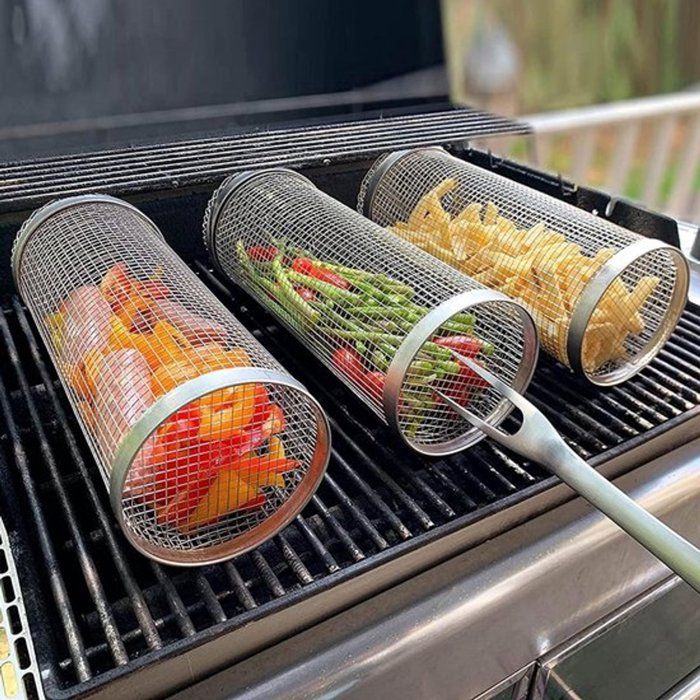 Grand panier à griller roulant en acier inoxydable pour barbecue grille antiadhésive pour poissons et légumes accessoires de