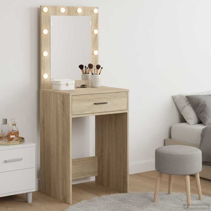 Coiffeuse avec miroir LED et tabouret, Blanc/doré 120 x 75cm | Maisons du Monde