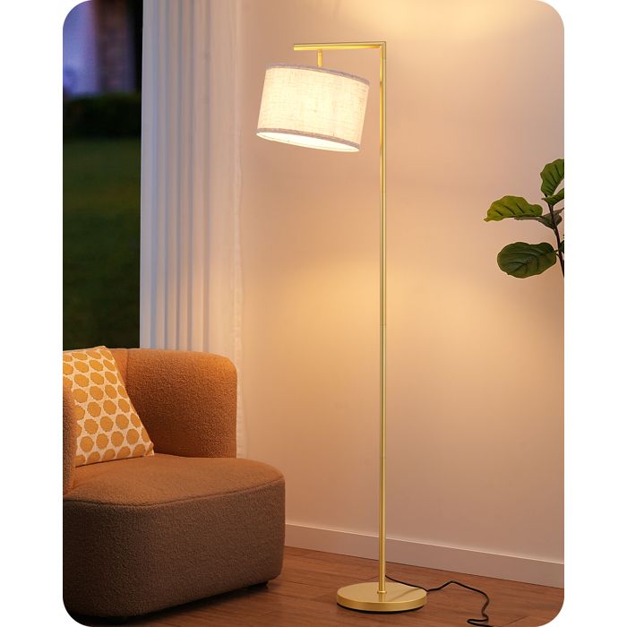 EDISHINE Lampadaire sur Pied Salon Abat-jour à Angle Réglable en Lin Beige E27 Ampoule 2700K Incluse Interrupteur à Pédale Doré