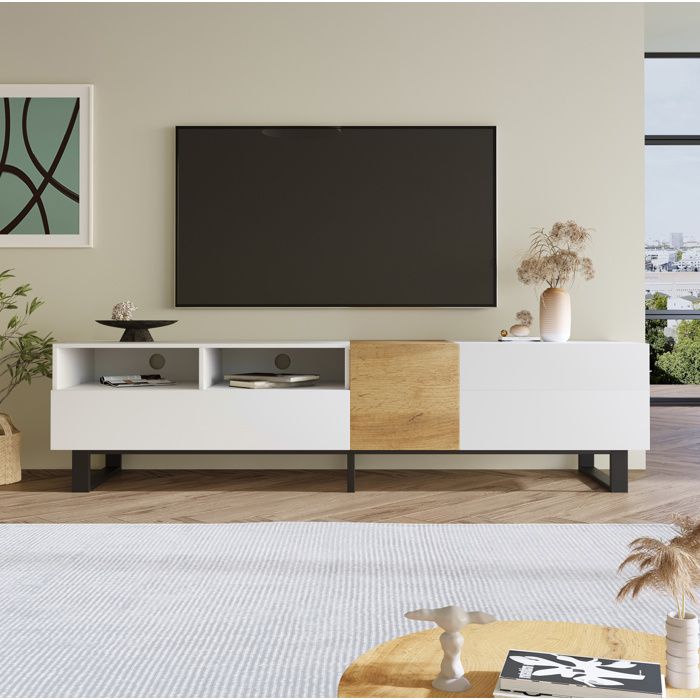 Meuble TV blanc et aspect bois avec 2 tiroirs et 2 portes - ELVMI - pieds métalliques noirs