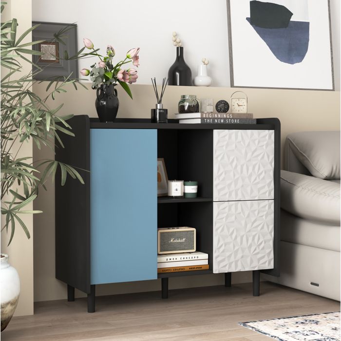 Buffet de cuisine meuble de rangement de salon avec rangement ouvert  1 portes 2 tiroirs  MDF 90×40×80cm bleu