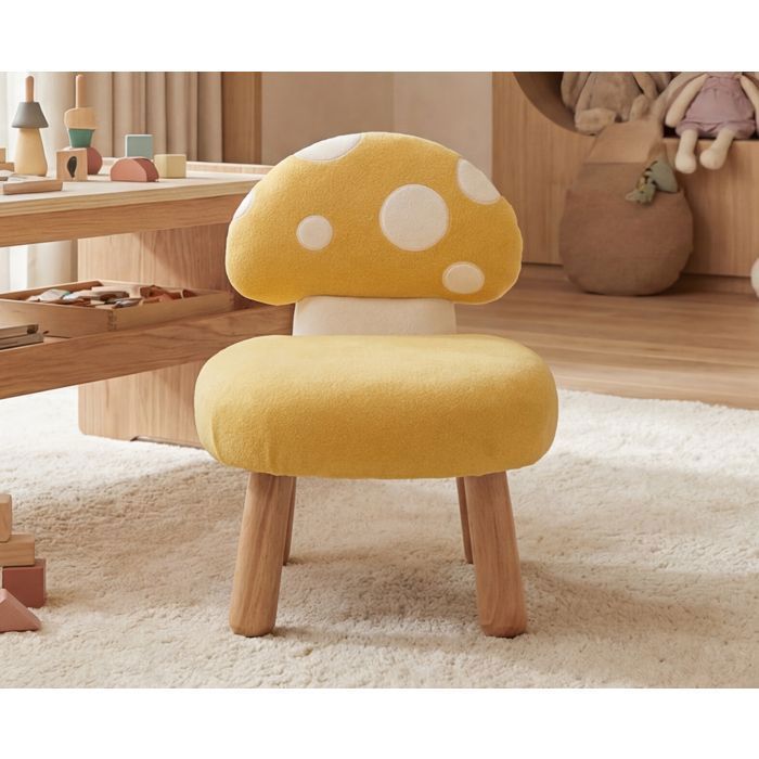 Wahson Petite Chaise Enfant avec Dossier Champignon Tabouret Enfant Pieds en Bois Fauteuil Enfant pour Chambre Chenille Jaune