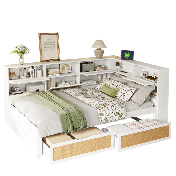 Lit Banquette - Lit Enfant Multifonction 140x200 Cm Avec Tiroirs Multiples Et Port USB Grand Rangement Bois Blanc Couleur Blanc