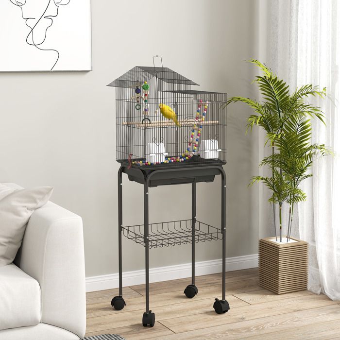 Cage à oiseaux sur roues 46 x 36 x 120 cm 2 mangeoires 2 perchoirs étagère cage pour perruche calopsitte conure pinson canaris