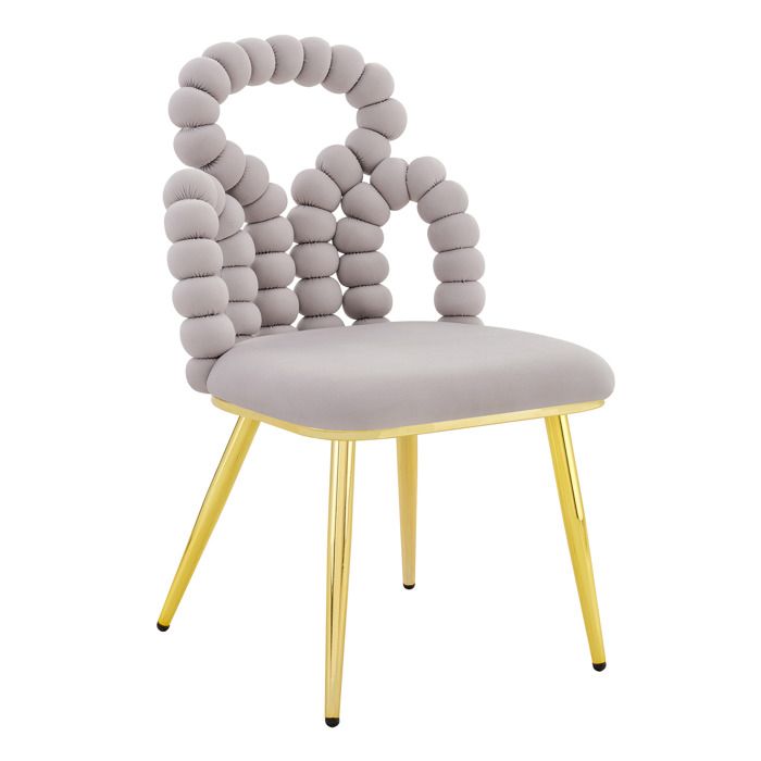 Chaise Velours 2 Pièces avec Dossier à Perles et Pieds Métal Doré Idéal pour Salon ou Dressing Gris Clair