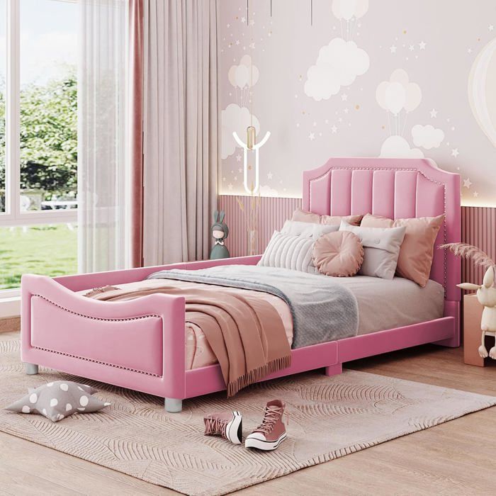 Lit rembourré enfant 90x200cm - Canapé-lit lit parent-enfant et lit dinvité avec housse en flanelle et dossier confortable - Rose