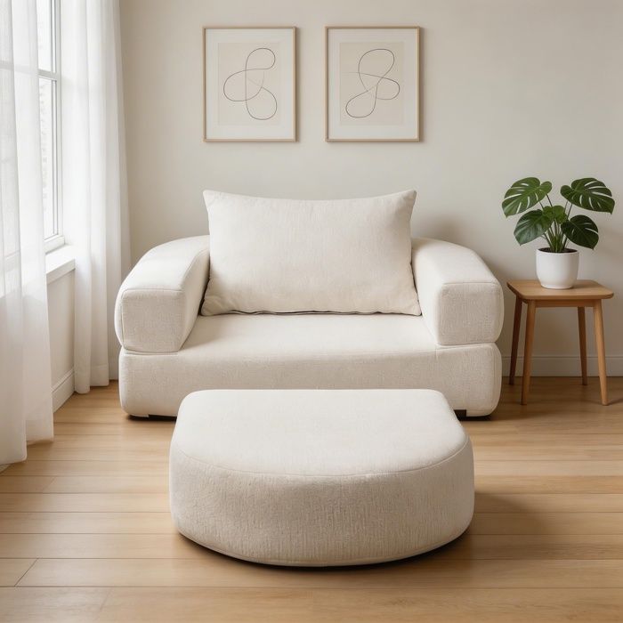 Canapé-lit pliant convertible - 1 place Beige chenille - Assise moelleuse - Design modulaire - Réversible
