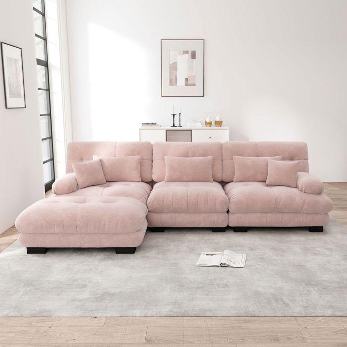 Canapé modulable 313x145x81cm Chenille Rose - Grand Sofa dAngle en L avec Ottoman Couch Convertible Profond Design Élégant et Luxe