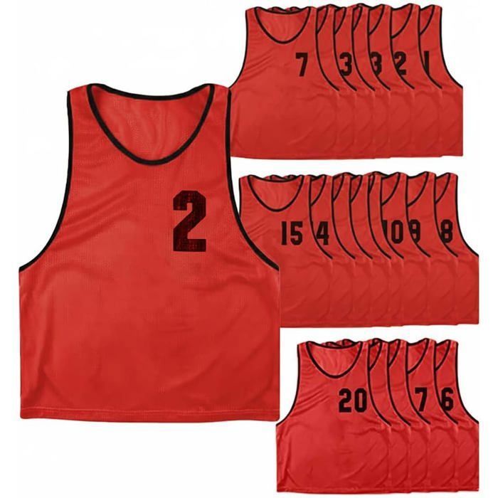 Lot de 20 chasubles numérotées recto-verso de 1 à 20 de taille XXLARGE gilet dentrainement couleur ROUGE Lot de 20 chasubles numérotées recto-verso de 1 à 20 de taille XXLARGE gilet dentrainement couleur ROUGE