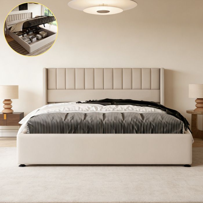 Lit Coffre 160x200cm - Tête de Lit Rembourré - Cadre de Lit Adulte Adolescent Double avec Sommier - Lit 2 Place - Lin Beige