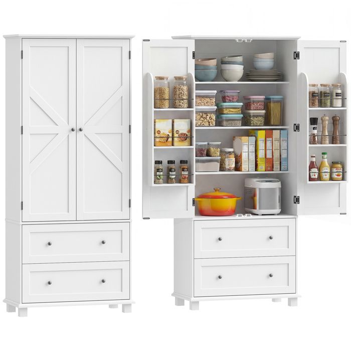 Armoire de cuisine - HOMCOM - 2 portes 2 tiroirs 6 porte-racks étagères réglables - MDF - 80x395x1845cm - blanc