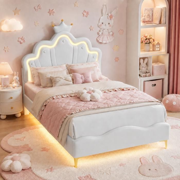 Lit princesse enfant 90x200cm avec éclairage LED tête de lit Couronne et réglable en Hauteur sommier à lattes en bois PU Blanc