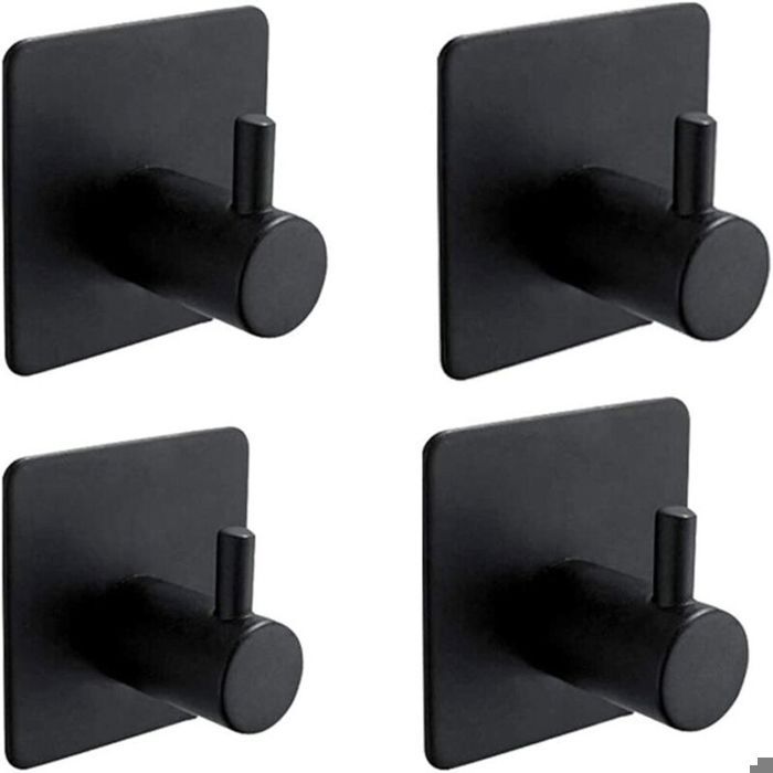 Lot de 4 crochets porte-serviettes en acier inoxydable avec fixation par bande autocollante noir