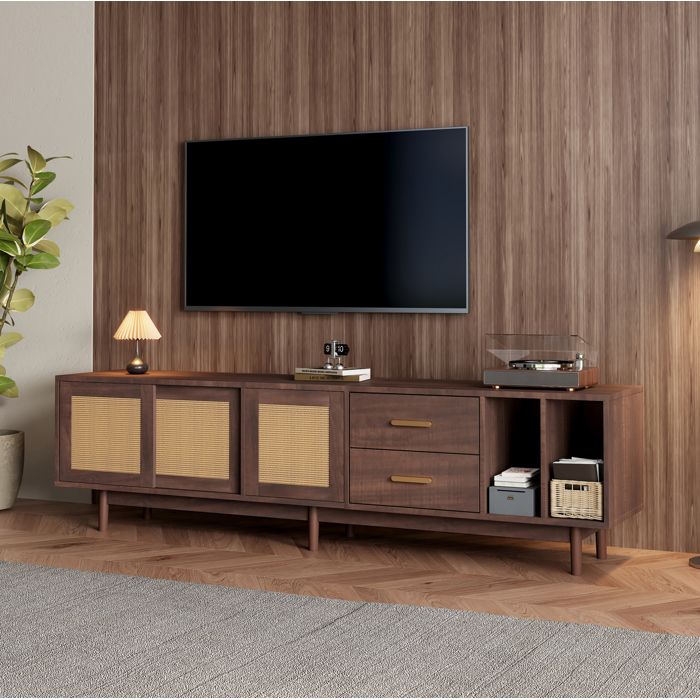 Meuble TV 190 x 40 x 52 cm en MDF marron avec portes effet rotin 2 tiroirs 3 portes et 6 pieds