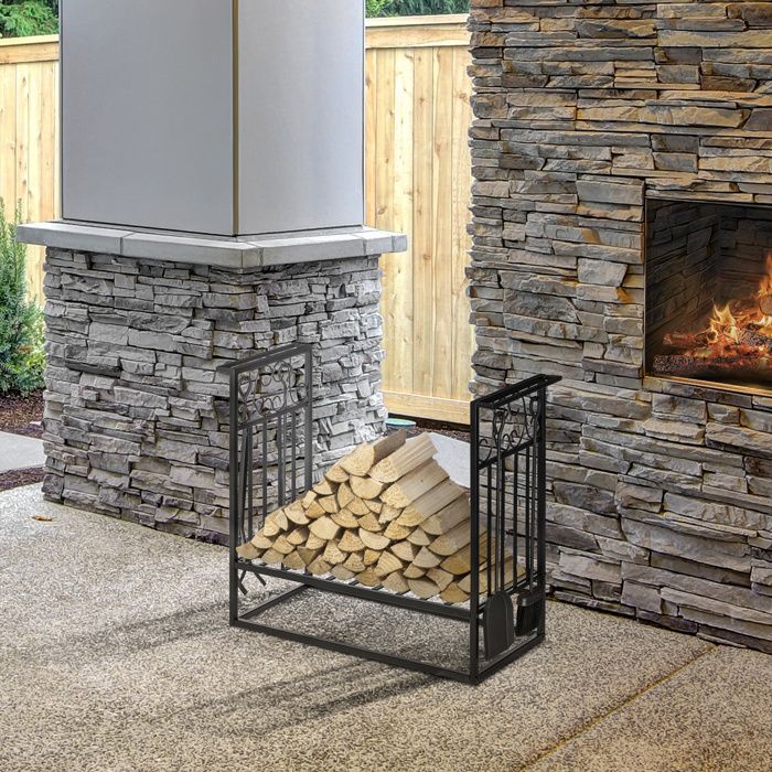 Range-bûches avec serviteur de cheminée en acier noir 75 x 30 x 60 cm étagère à bois de chauffage