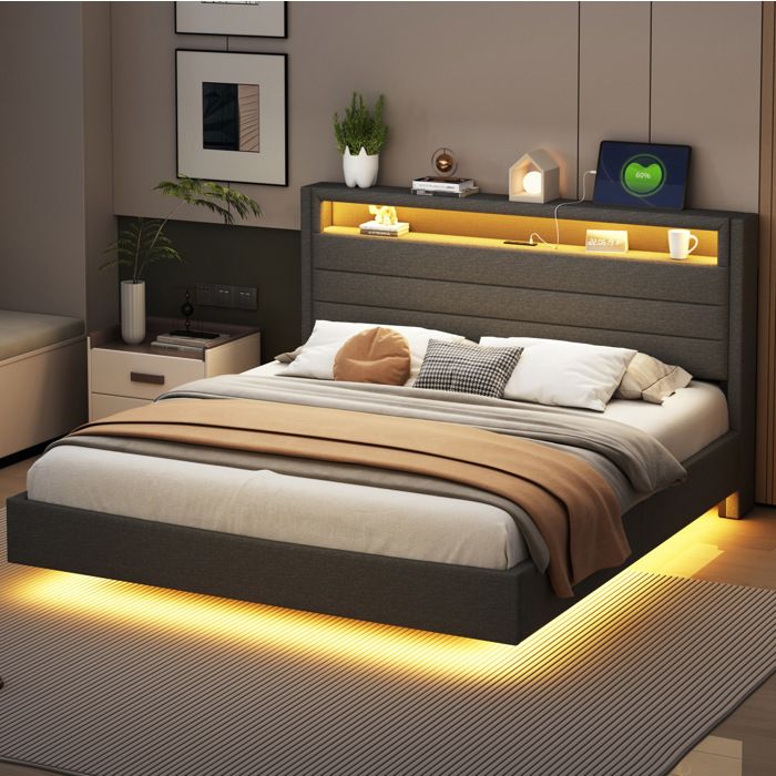 Lit double rembourré 160 x 200 cm gris avec USB LED tête de lit rangement et sommier à lattes