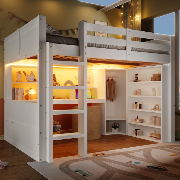 Lit mezzanine 140x200 bois blanc avec LED penderie bureau 3 tiroirs étagères et sommier