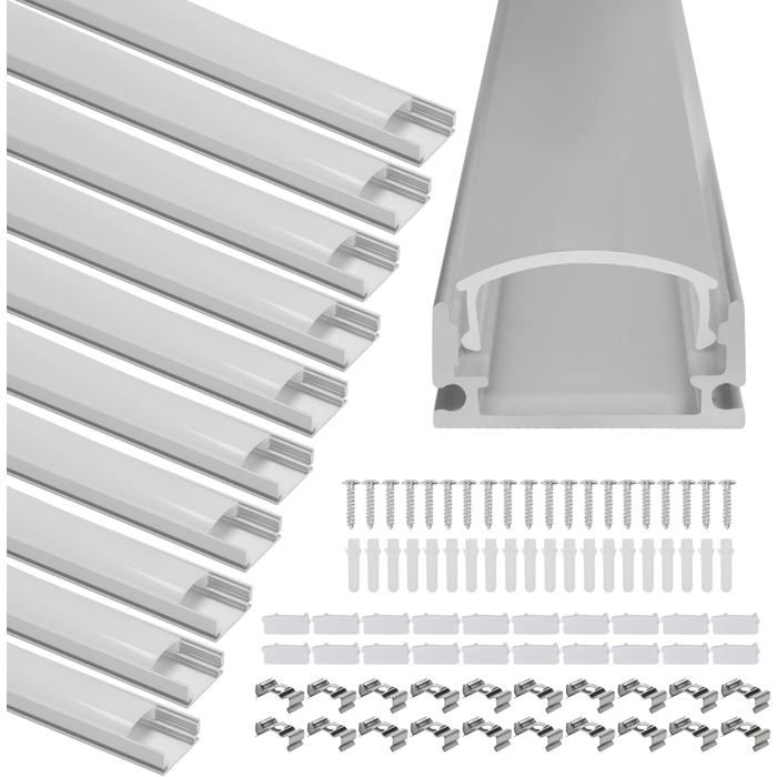 Lot de 20 profilés aluminium en U 1 m pour ruban LED 12.5 mm - diffuseur capuchons et clips fixation inclus