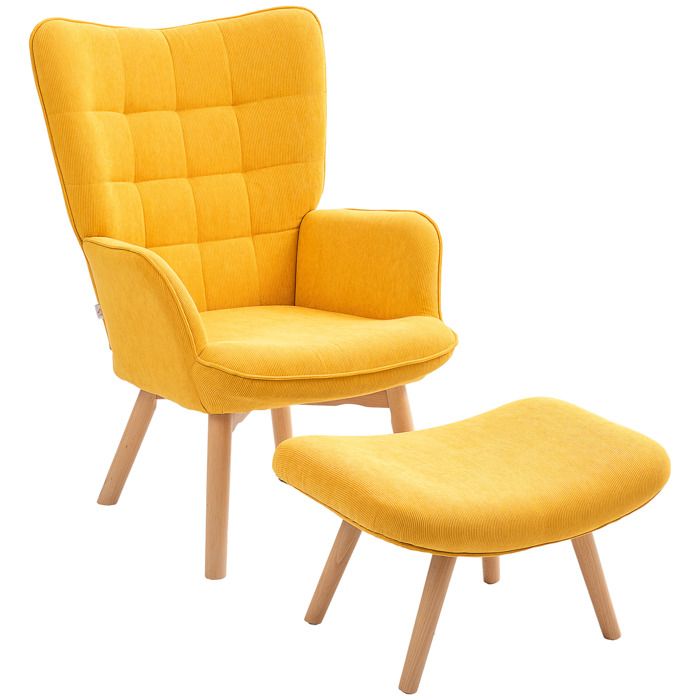 Fauteuil lounge - Fauteuil à oreilles - Repose-pieds inclus - Revêtement velours côtelé - Orange