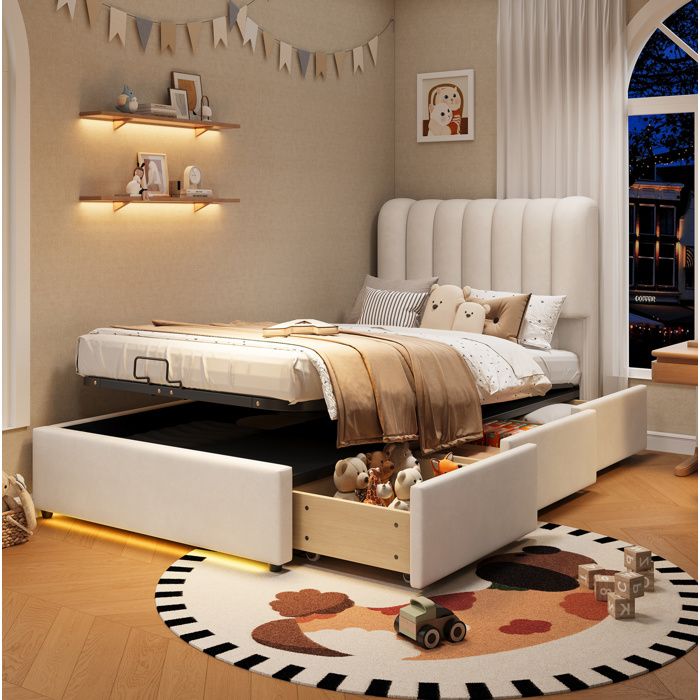 VUENOR lit coffre 90x200 cm beige – hydraulique 3 tiroirs LED sans matelas