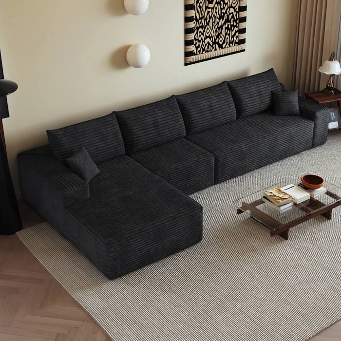 Canapé d’angle L de 340 cm canapé modulable moderne sans ossature assise profonde livré monté canapé compressé velours côtelé noir