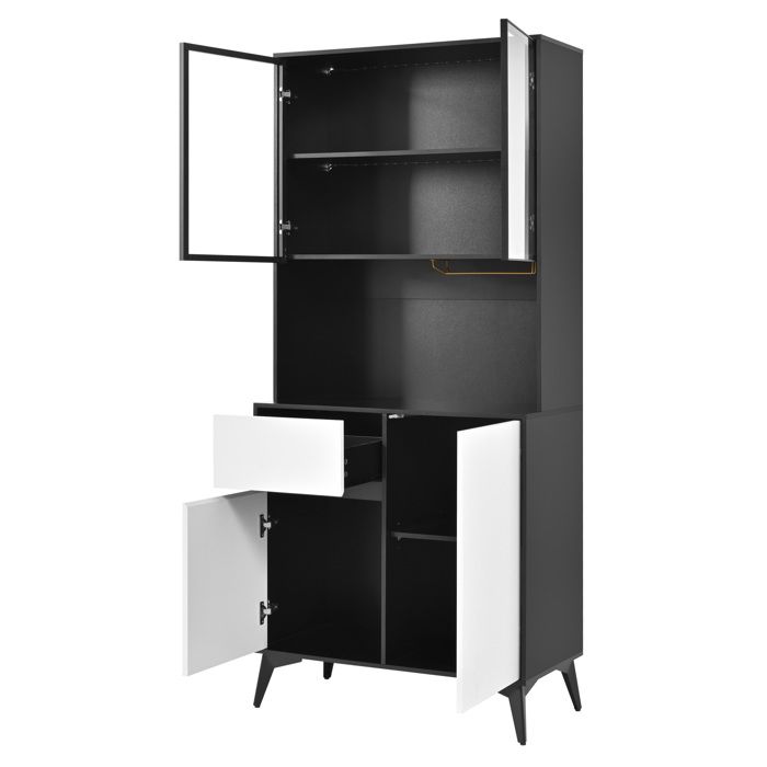 Buffet haut vitrine - Noir et blanc - LED integree reglable par application 80 x 40 x 180 cm