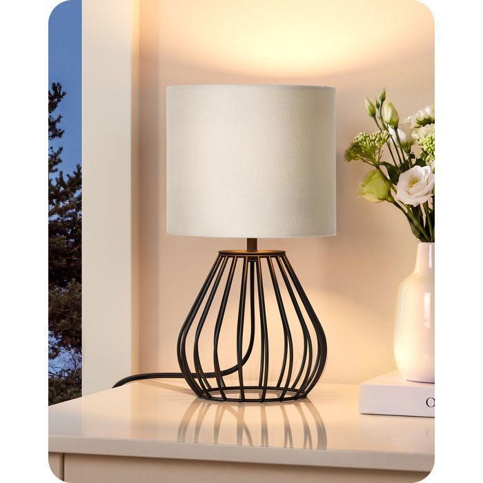 Lampe de Chevet - EDISHINE - EDISHINE - Abat-jour velours or champagne - Base métal noire goutte - Ampoule E14 LED 4W 2700K