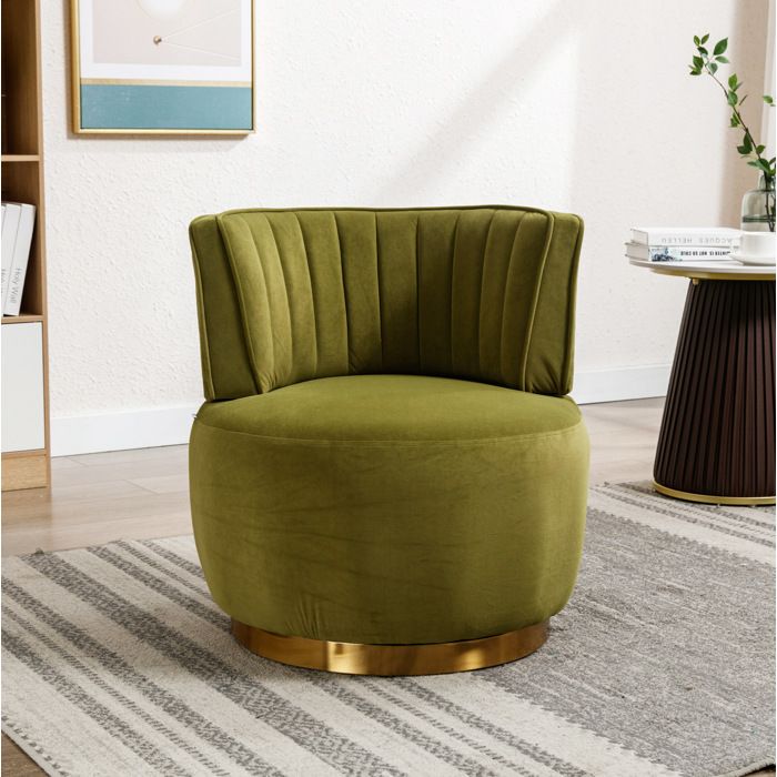 COVREO fauteuil pivotant 360° en velours vert olive avec dossier enveloppant et base bois métal