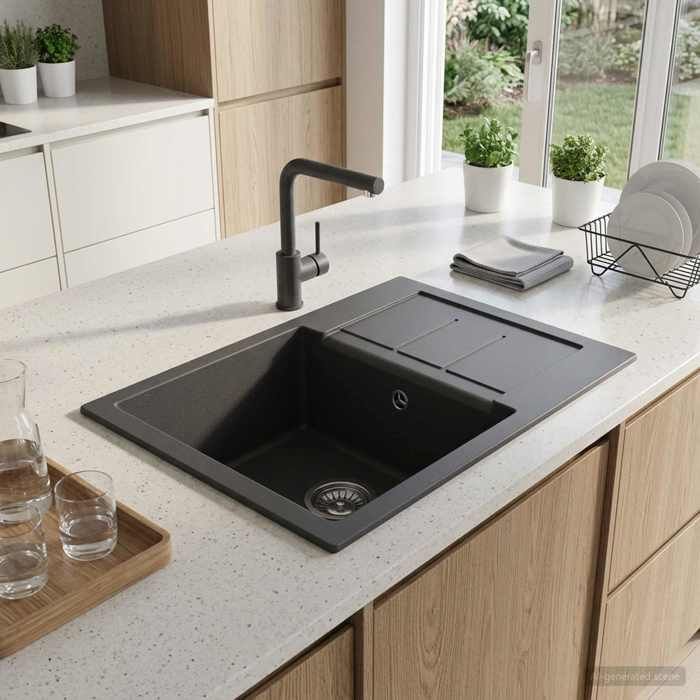 ELORAN®Évier de cuisine 1 bac Granite - 62x50x20 cm - Graphite - Bac à laver-Vasque Moderne_00273324