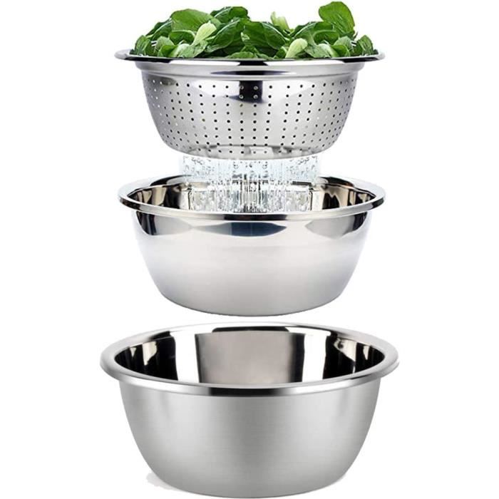 Ustensiles Cuisine Pratique Set 3 Saladiers Inox ZENGWARE Empilables - Bols Mélange Avec Passoire - Acier Inoxydable 18/8 Qualité Alimentaire Saladier Qualité Alimentaire - 4