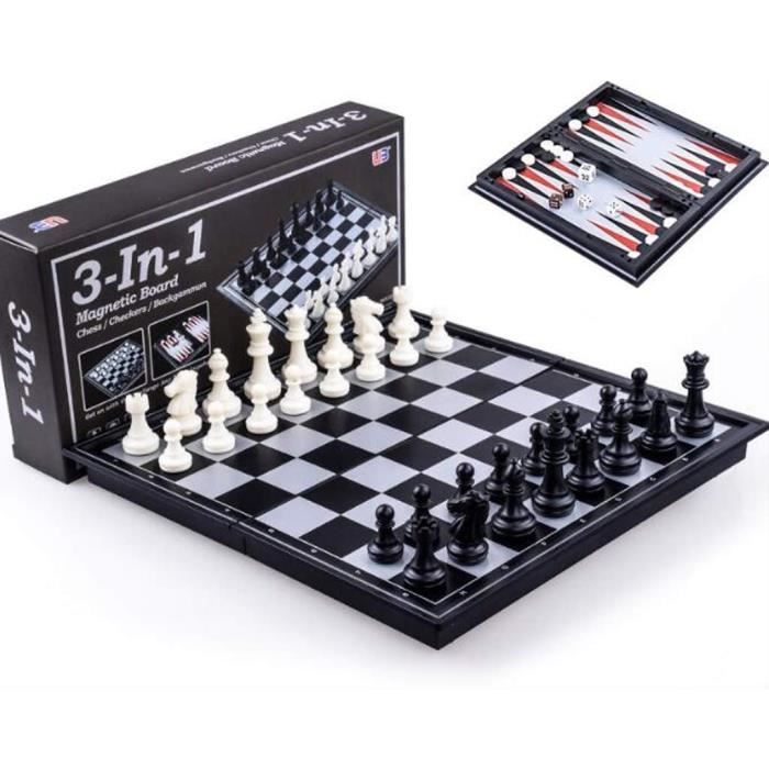 OkidSTEM Jeu 3-en-1 Magnétique – Échecs, Dames, Backgammon – Échiquier Pliable 25 Cm – Voyage, Famille, Cadeau