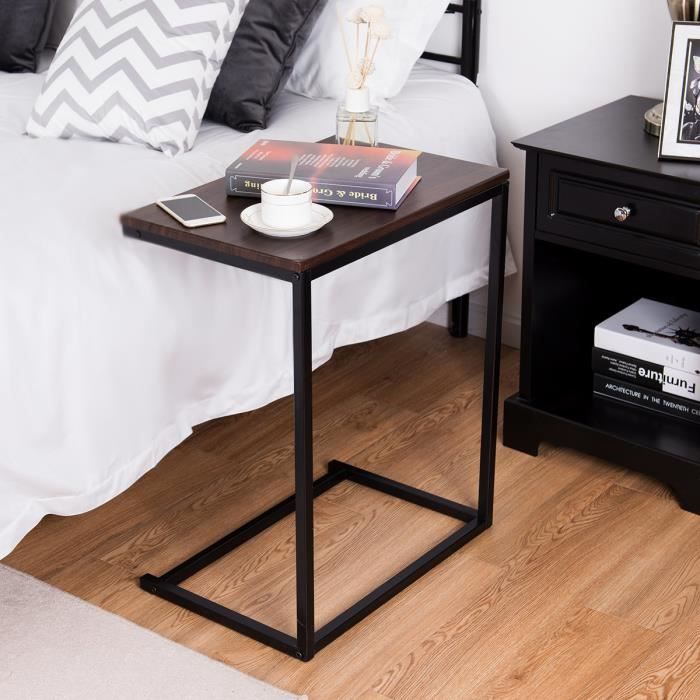 COSTWAY Table D'Appoint Forme C – Bout De Canapé 45,5x25,5x64 Cm – Métal & Plateau Bois – Idéal Salon Chambre – Noir Mat