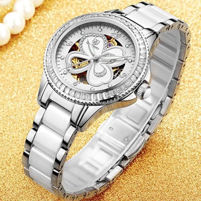 Montres Femmes Mécanique automatique Boîtier en argent avec Diamond Lucky Four Leaf Clover