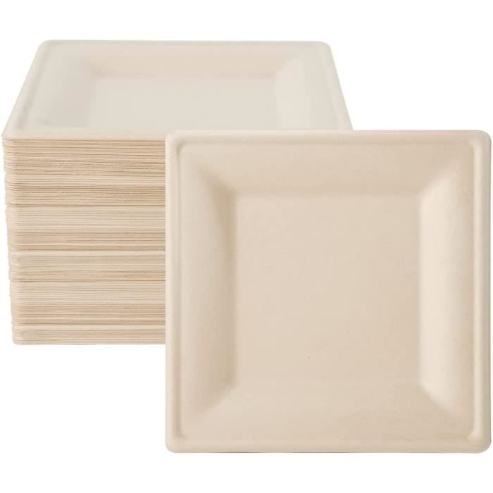 GoBeTree 100 Assiettes Jetables Carrées 20 Cm En Canne à Sucre Blanche