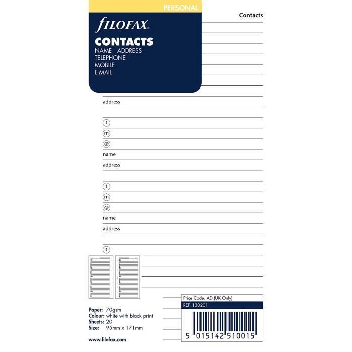 Filofax Bloc-notes Nom-adresse-email-téléphone fixe-fax-téléphone portable (Import Royaume Uni)