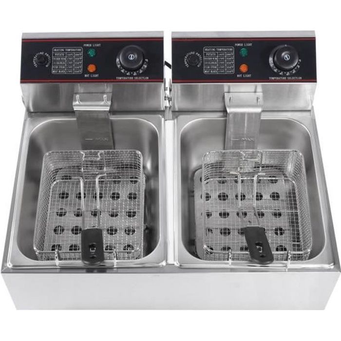 HKoeNIG DFX600 - Friteuse double bac 2x3L - 3600W - 2 thermostats  indépendants - Paniers amovibles - Filtres anti-odeurs - Acier