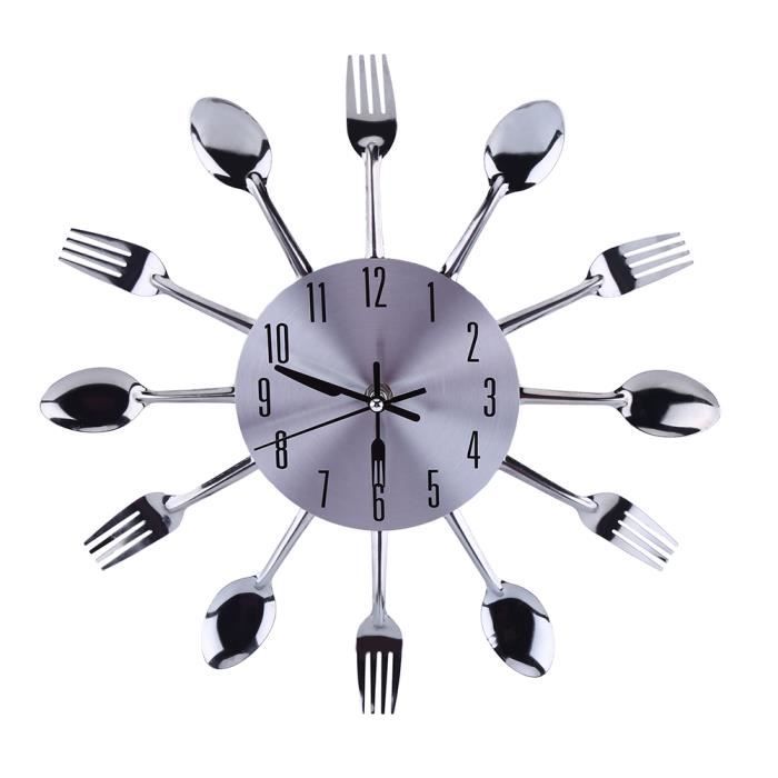 Horloge murale fourchette cuillère horloge murale de cuisine argentée pour la décoration de la maison de la chambre décoration