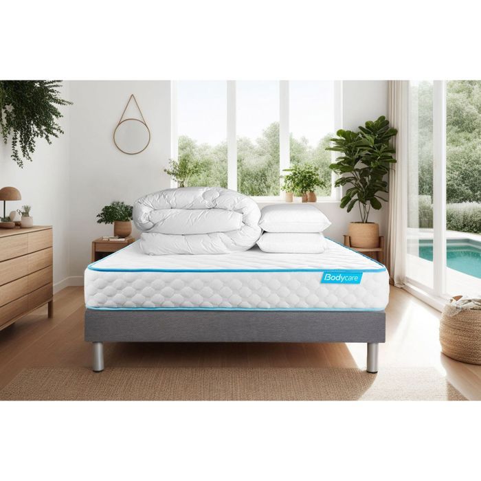 Ensemble sommier matelas 140x190 Bodyone Mousse HD micro alvéolé - 19 cm - Très ferme - sommier gris + 2 oreillers + couette