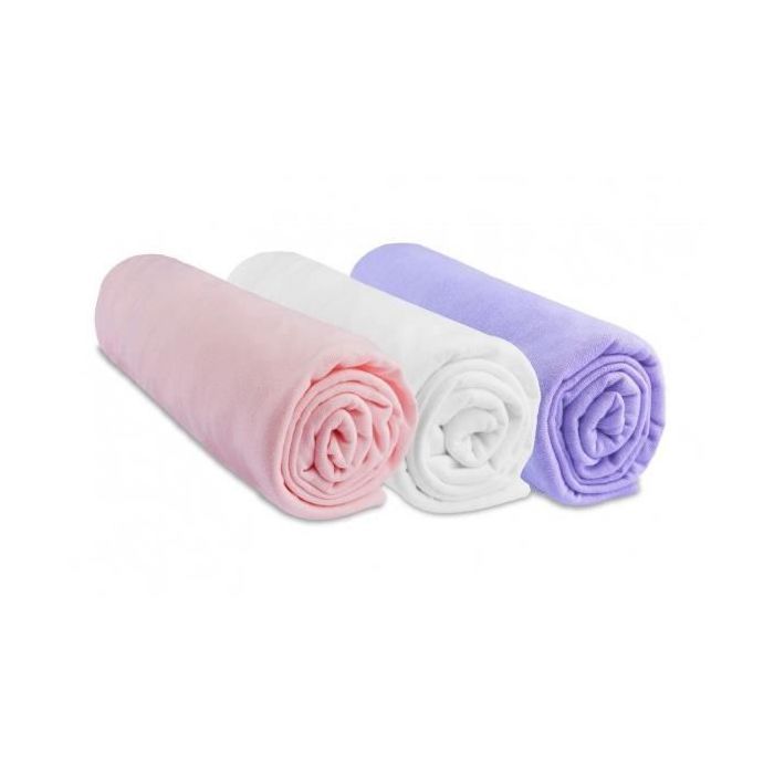 Lot de 3 draps housse coton 70x160 rose blanc parme