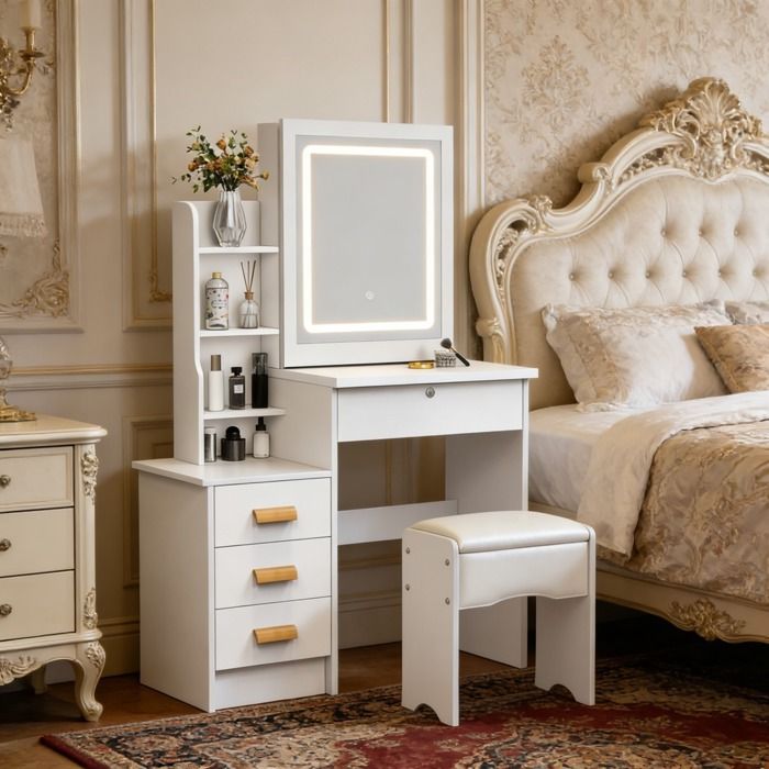 FLASIDU Coiffeuse BlancTable de Maquillage Moderne avec Miroir 4 Tiroirs 80*40*135cm 3 couleurs de lumière réglables