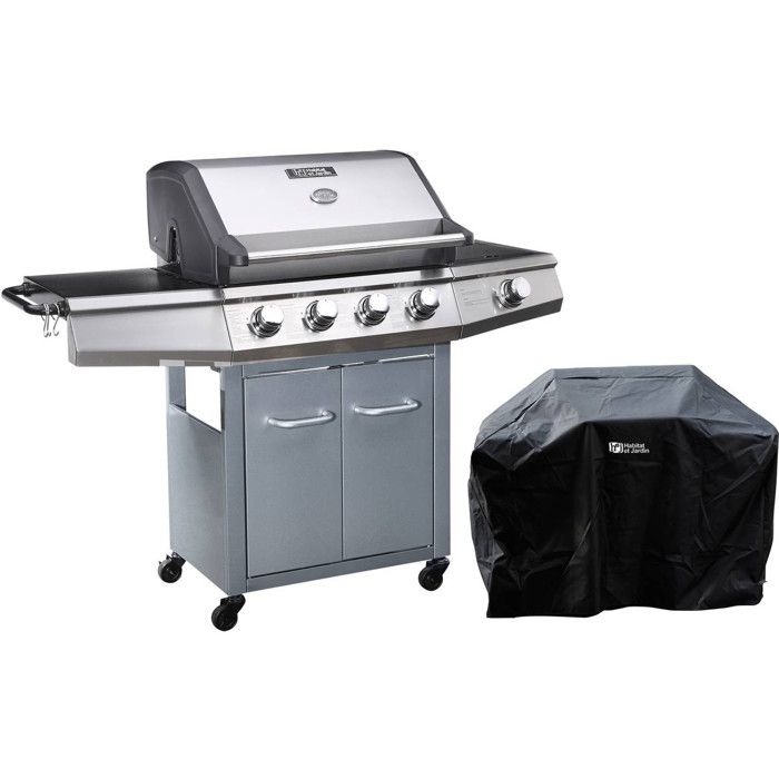 Barbecue gaz avec LED ""Bingo 5"" - 5 Br&ucirc;leurs dont 1 lat&eacute;ral - 15.2kW + Housse protection - Argent&eacute;