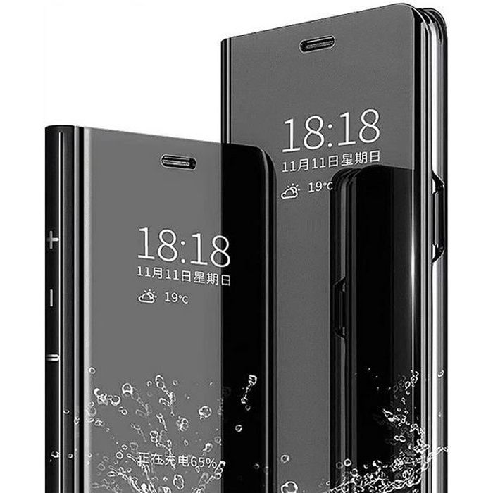 Housse pour Xiaomi Redmi Note 12 Pro+ Plus 5G - etui portefeuille miroir clear view + verre trempe - NOIR