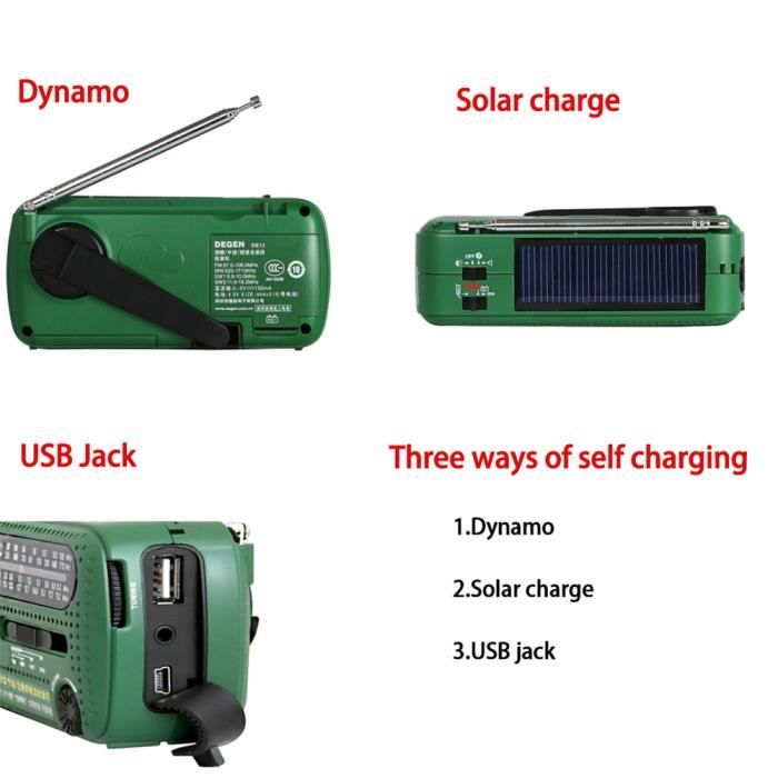Radio Solaire Manivelle AM/FM/SW 2000mAh - Lampe LED SOS Boussole - Énergie 5 Méthodes - Urgence Camping