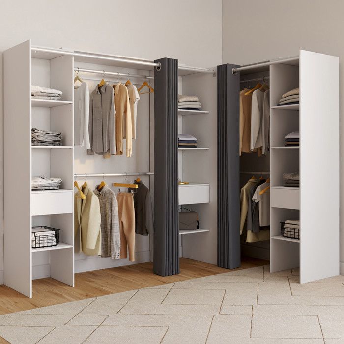 IDMARKET Dressing extensible dangle MARLON 230 x 140 x 180 cm blanc avec penderies + étagères + rideaux gris IDMARKET Dressing extensible dangle MARLON 230 x 140 x 180 cm blanc avec penderies + étagères + rideaux gris