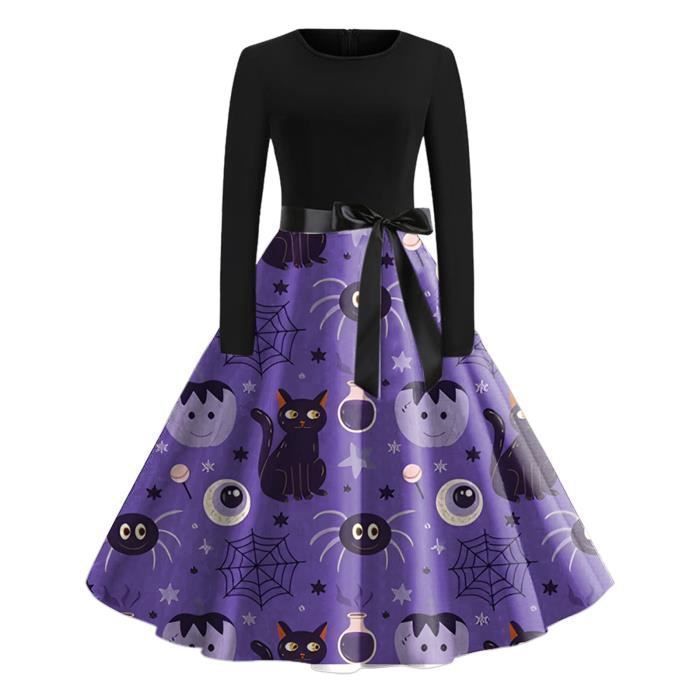 Robe Citrouille Femme Vintage - Imprimé Dentelle, Manches Courtes, Jupe Swing - Pour Fête, Noël, Cocktail, Halloween - 10