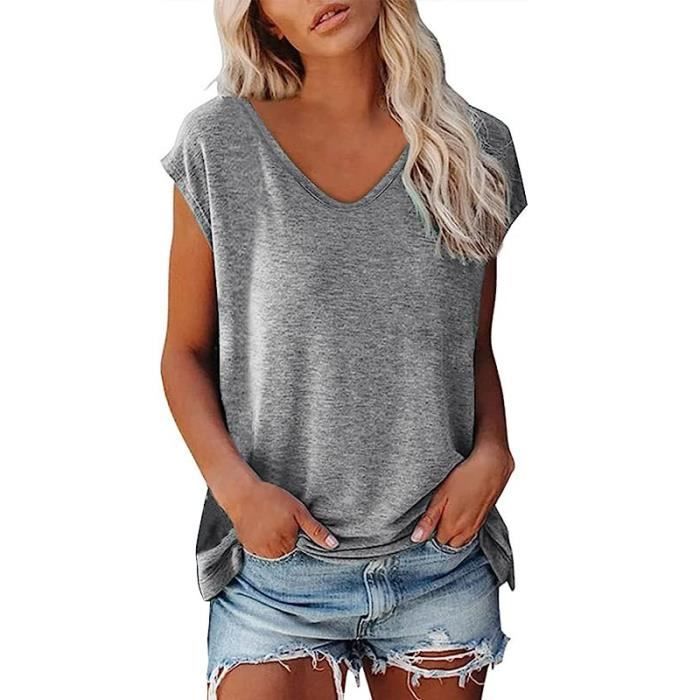 T Shirt Femme Grande Taille MARQUE Gris Manches Courtes Col V Coupe Loose