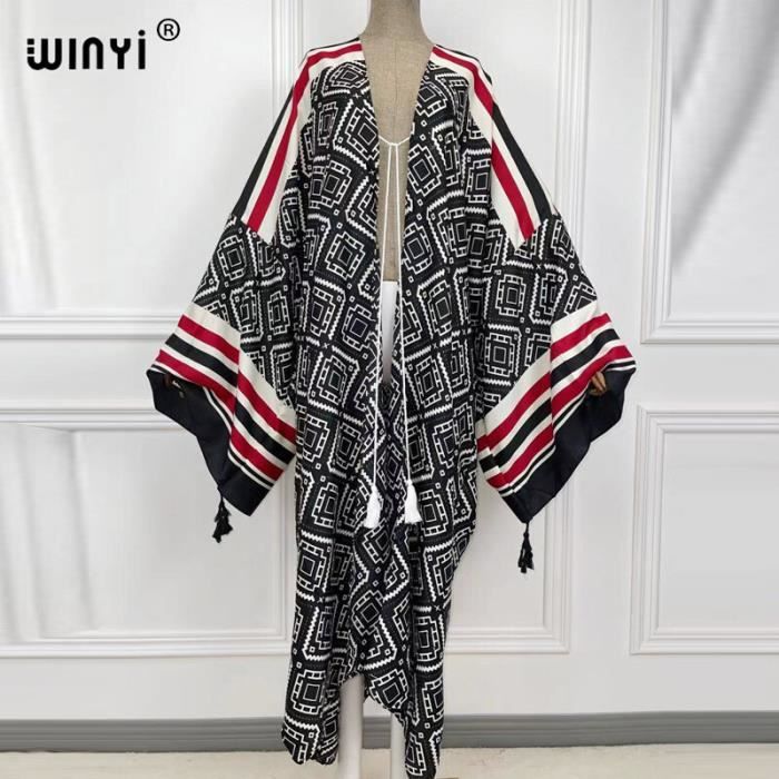 Robe de plage,WINYI-Robe kimono en coton rose pour femmes,imprim?� Boho,longue tunique de plage 