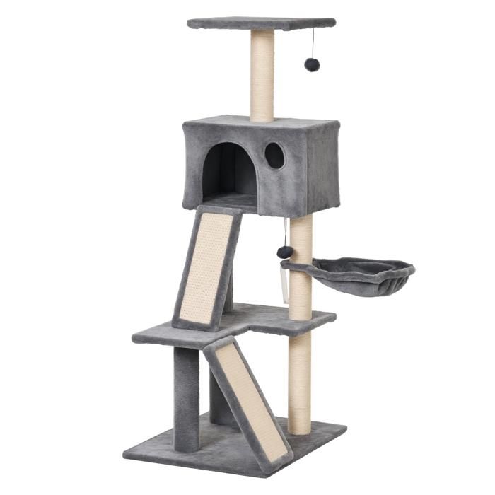 Meilleurs prix pour Arbre à chats multi-équipements griffoirs grattoirs plateformes rampes niche hamac jouets suspendus dim. 60L x 49l x 130H cm gris