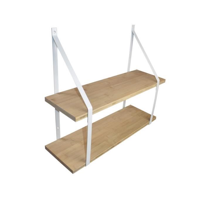 Étagère murale - COLORIQUE - Double en Bambou - 100x19 cm - Supports métal blanc - Design contemporain