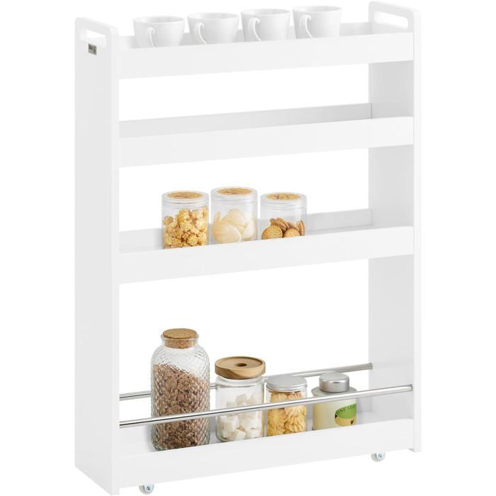 SoBuy Desserte à 4 Niveaux à Roulettes Meuble de Rangement Cuisine Salle de Bain Chariot Placard Alcôve Blanc 60x18x82 cm